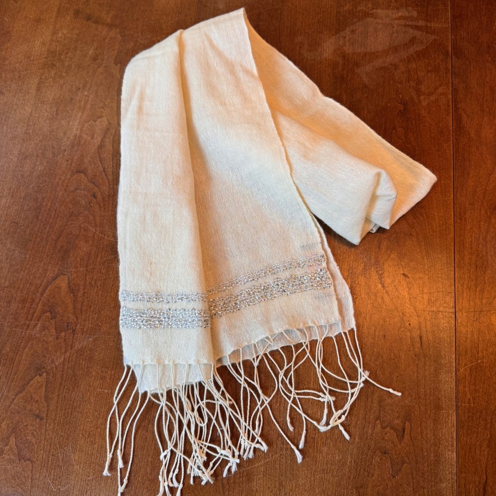 Unbranded Scarf Women OS Cream Linen Wool Sequin Stripe Tassel Fringe Wrap Shawl